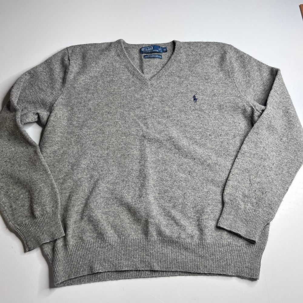 Polo Ralph Lauren Mens XL Gray 100% Lambswool V-Neck Sweater Italian Yarn Pony